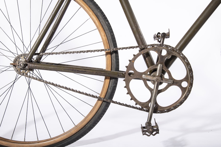 A detailed view of the gear and bicycle chain