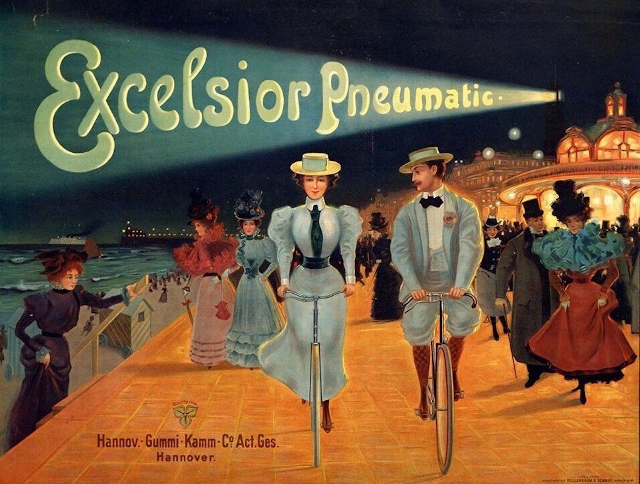 1900 circa Poster Excelsior Pneumatic Fahrrad Paar an der Strandpromenade