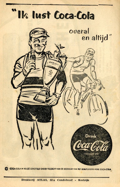 Reclame uit de jaren 1950 waarbij renners Coca-Cola promoten