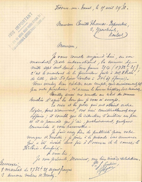 Briefwisseling schoenwinkel hector martin april 1931 Noord Frankrijk